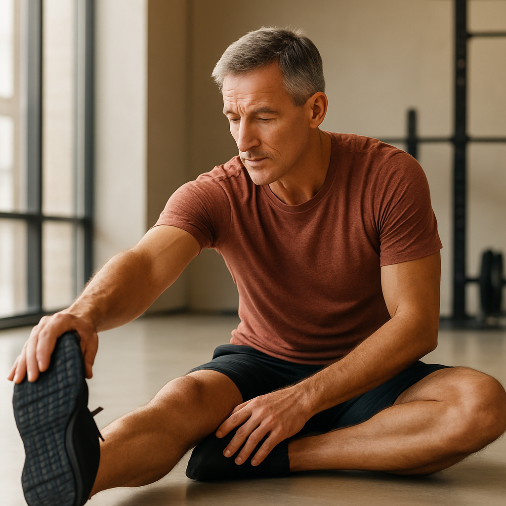 An athletic man stretching in a minimalist gym