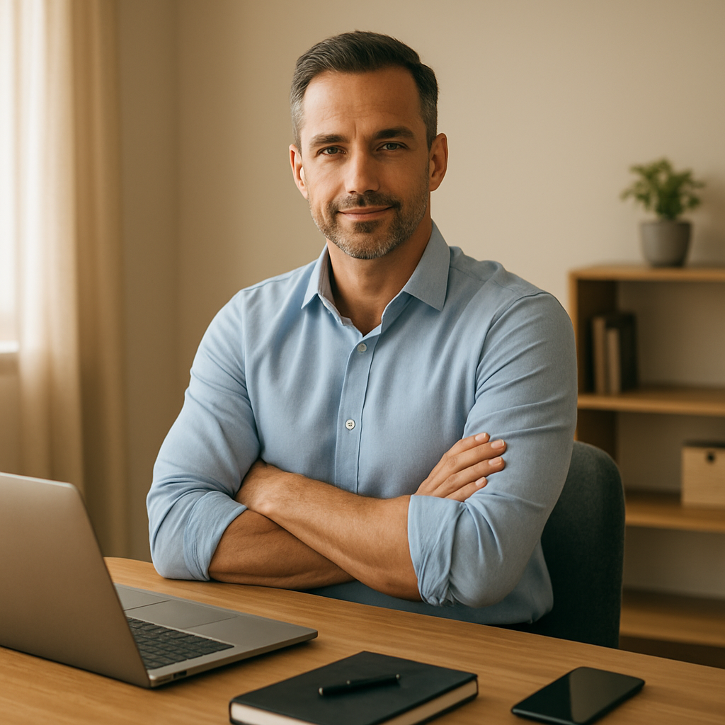 A confident man working at a modern home office