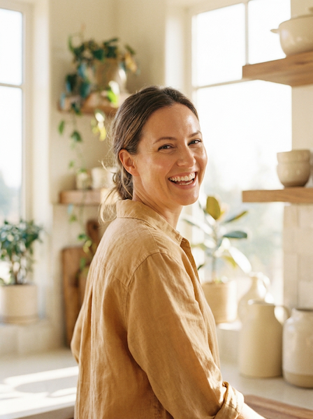 A person glowing with natural energy in warm morning light
