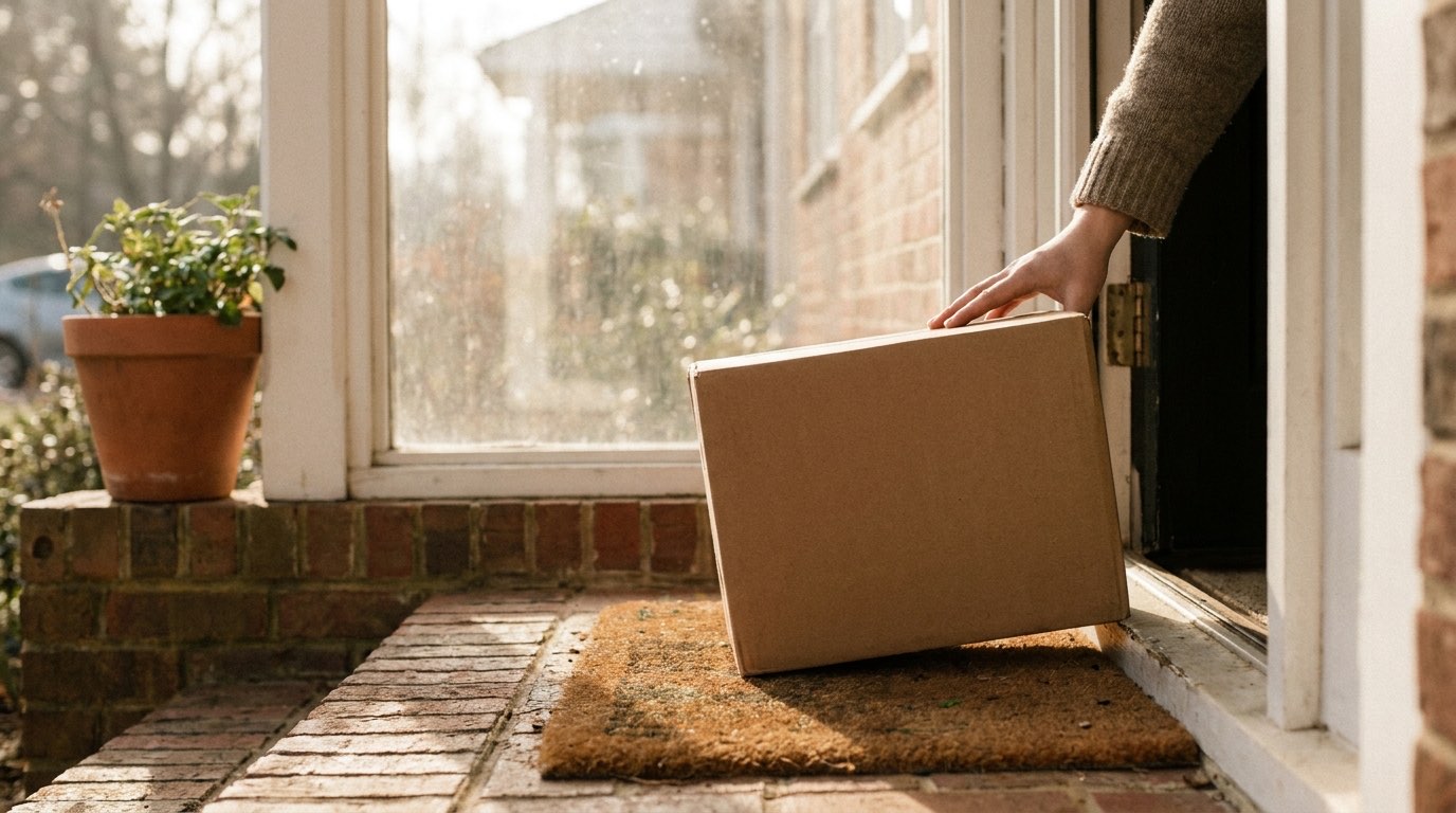 A parcel being collected from a front doorstep