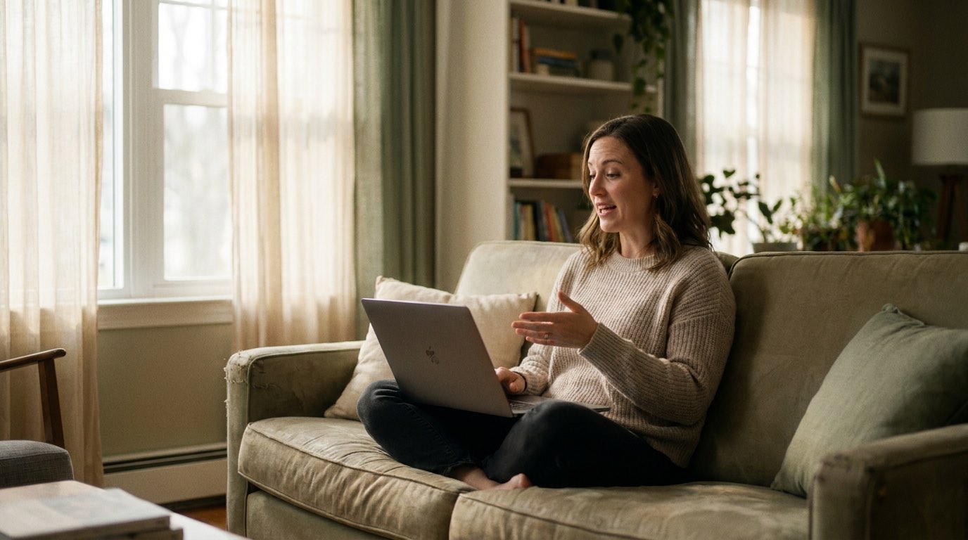 A woman speaking with a clinician over a video visit at home