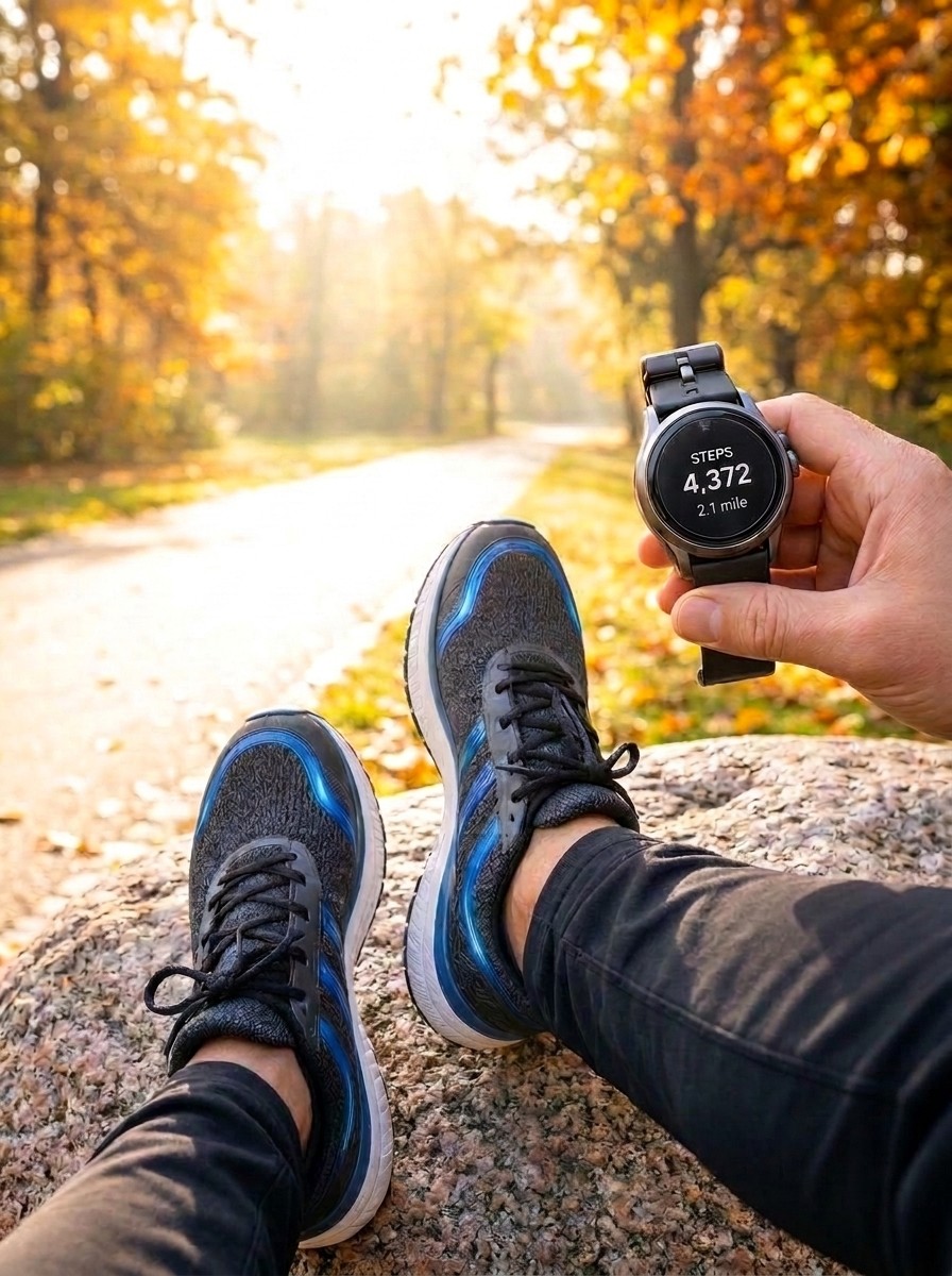 A woman jogging outdoors in golden morning light