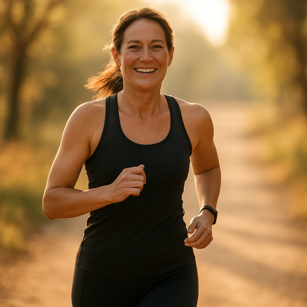 A woman jogging outdoors in golden morning light